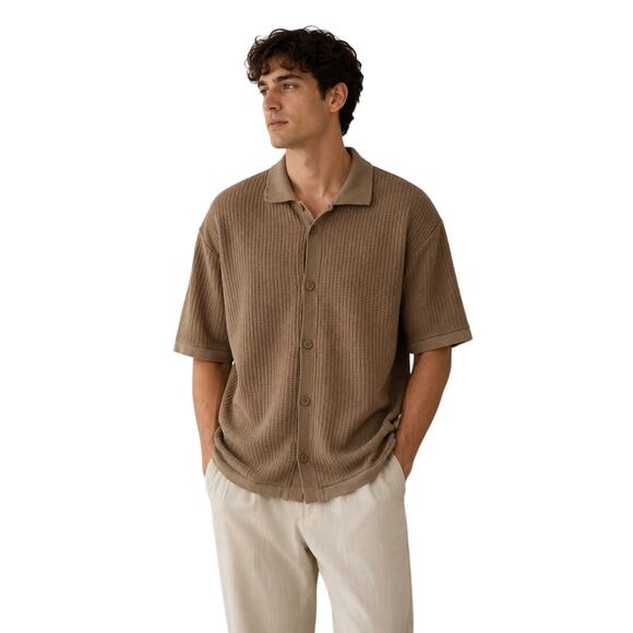 Bershka Other - Bershka Mens Knit Polo Cardigan Shirt Brown Textured Button Front Size L EU